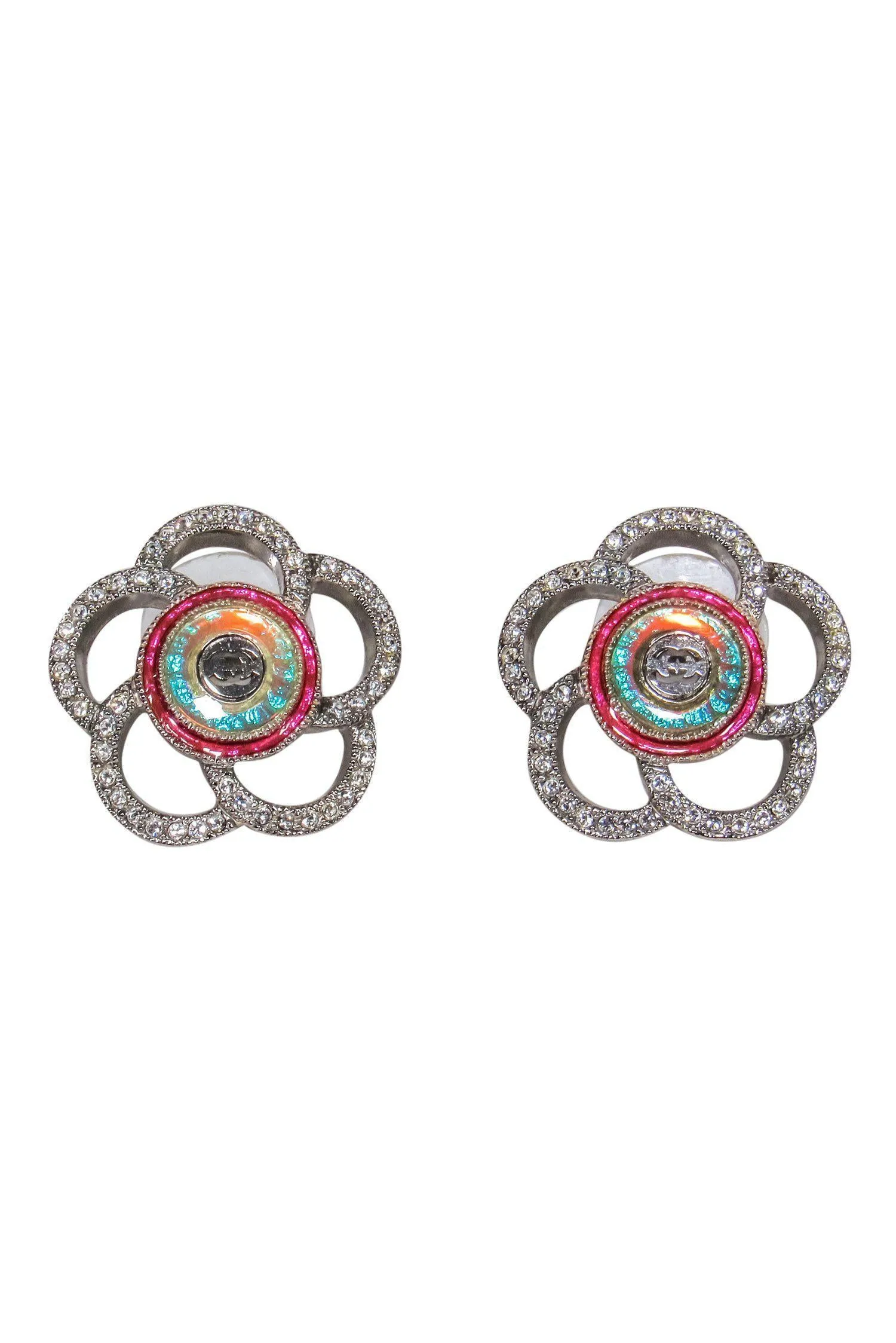 Chanel - Silver & Multicolored Crystal & Resin Floral Stud Earrings