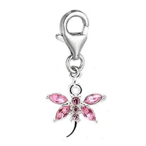 Clip on Pink Rhinestone Butterfly Dangle Charm Pendant for European Clip on Charm Jewelry Lobster Clasp