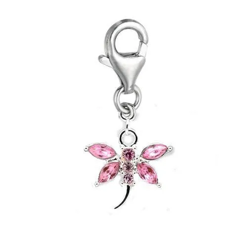 Clip on Pink Rhinestone Butterfly Dangle Charm Pendant for European Clip on Charm Jewelry Lobster Clasp