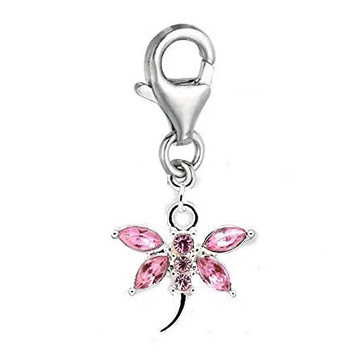Clip on Pink Rhinestone Butterfly Dangle Charm Pendant for European Clip on Charm Jewelry Lobster Clasp