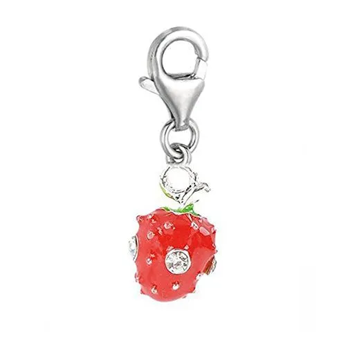 Clip on Strawberry with Crystals Charm Pendant for European Jewelry w/ Lobster Clasp