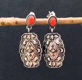 Coral Tribal inspired vintage pattern drop earrings
