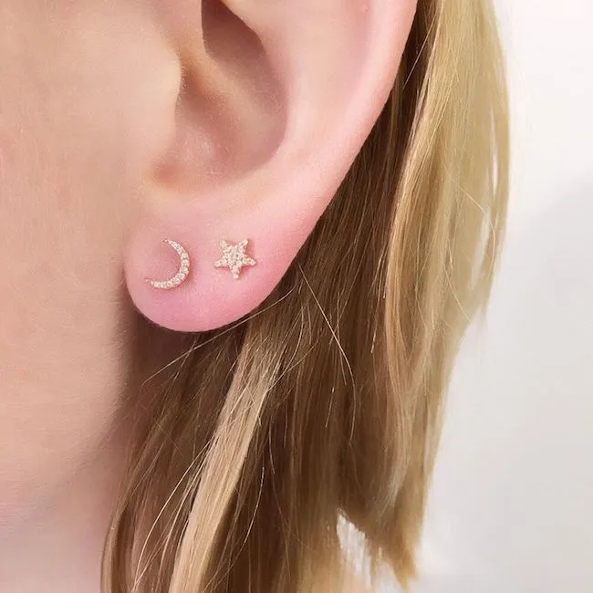 Crescent Moon and Star Pave Post Earrings