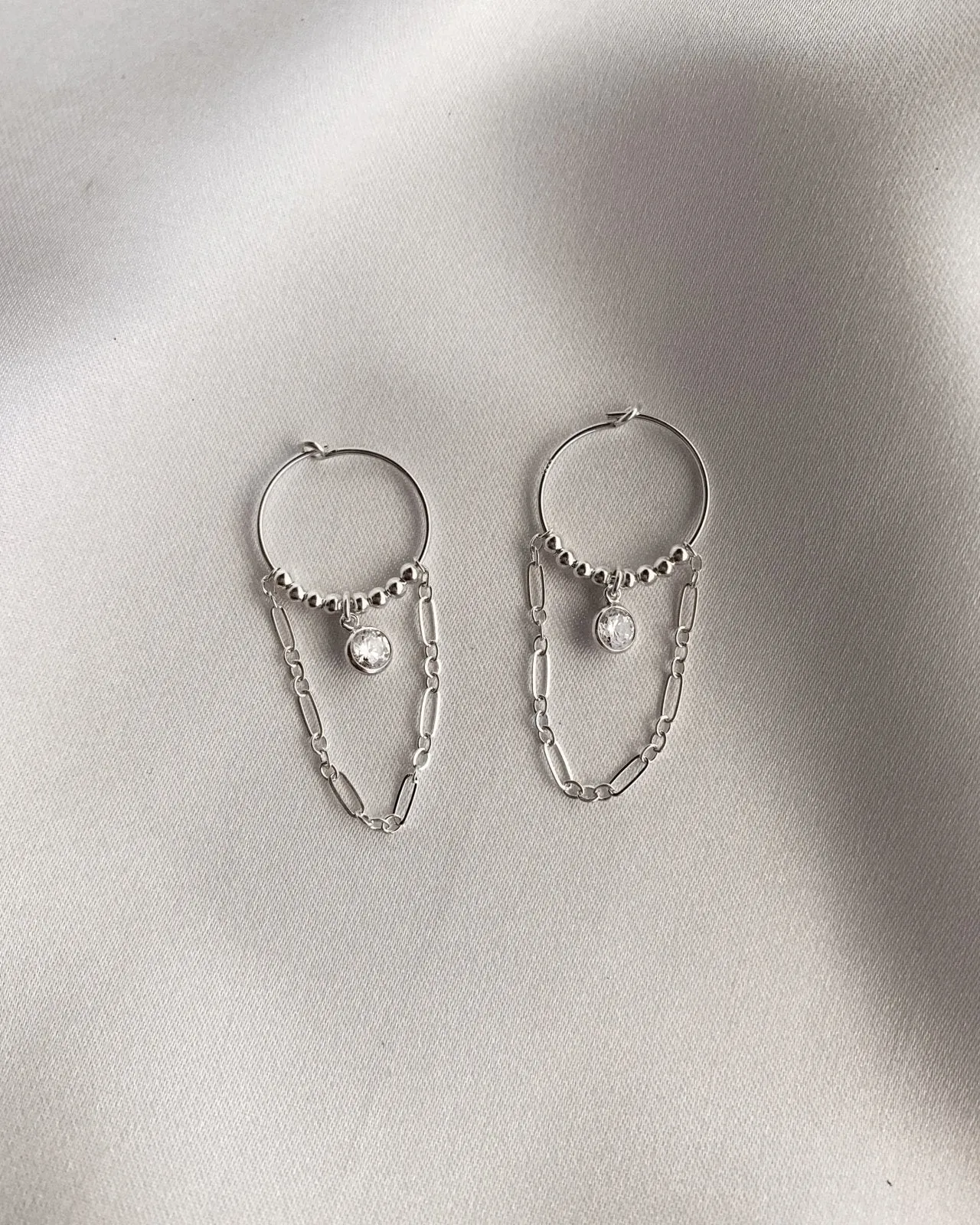 CZ Chain Hoop Earrings  - Sterling Silver