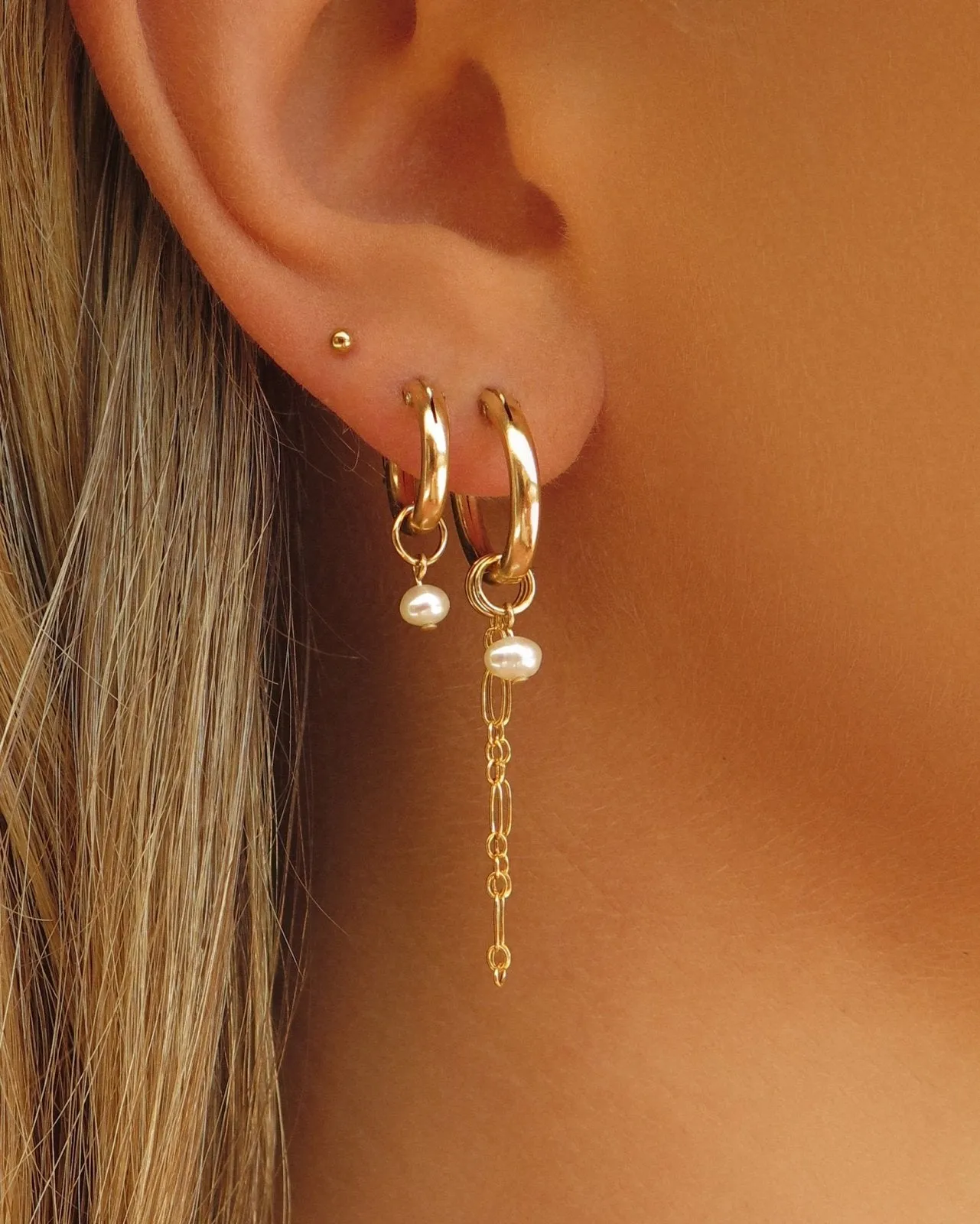 Double Piercing Freshwater Pearl Thick Hoop Earrings  - 14k Yellow Gold Fill