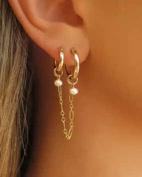 Double Piercing Freshwater Pearl Thick Hoop Earrings  - 14k Yellow Gold Fill