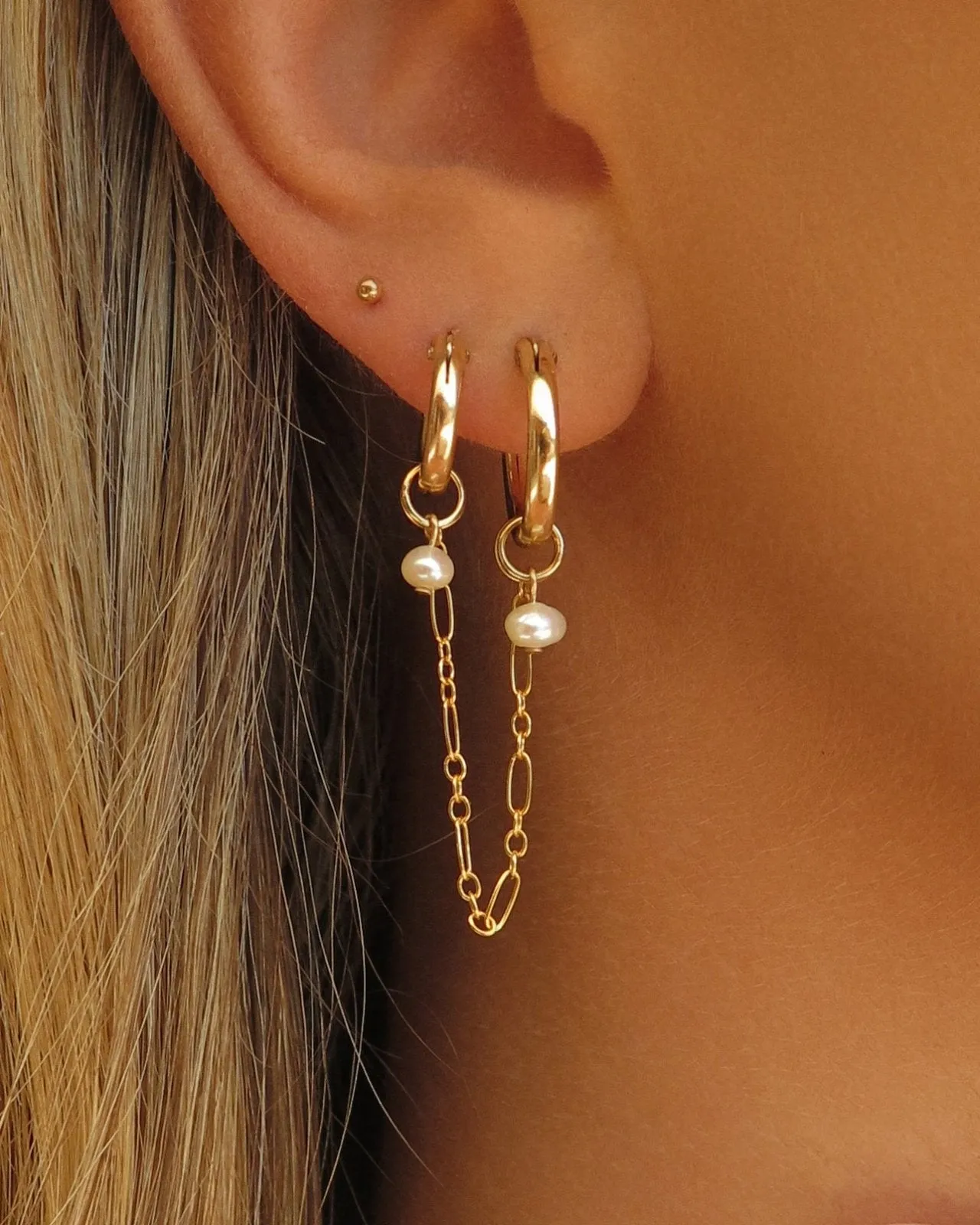 Double Piercing Freshwater Pearl Thick Hoop Earrings  - 14k Yellow Gold Fill