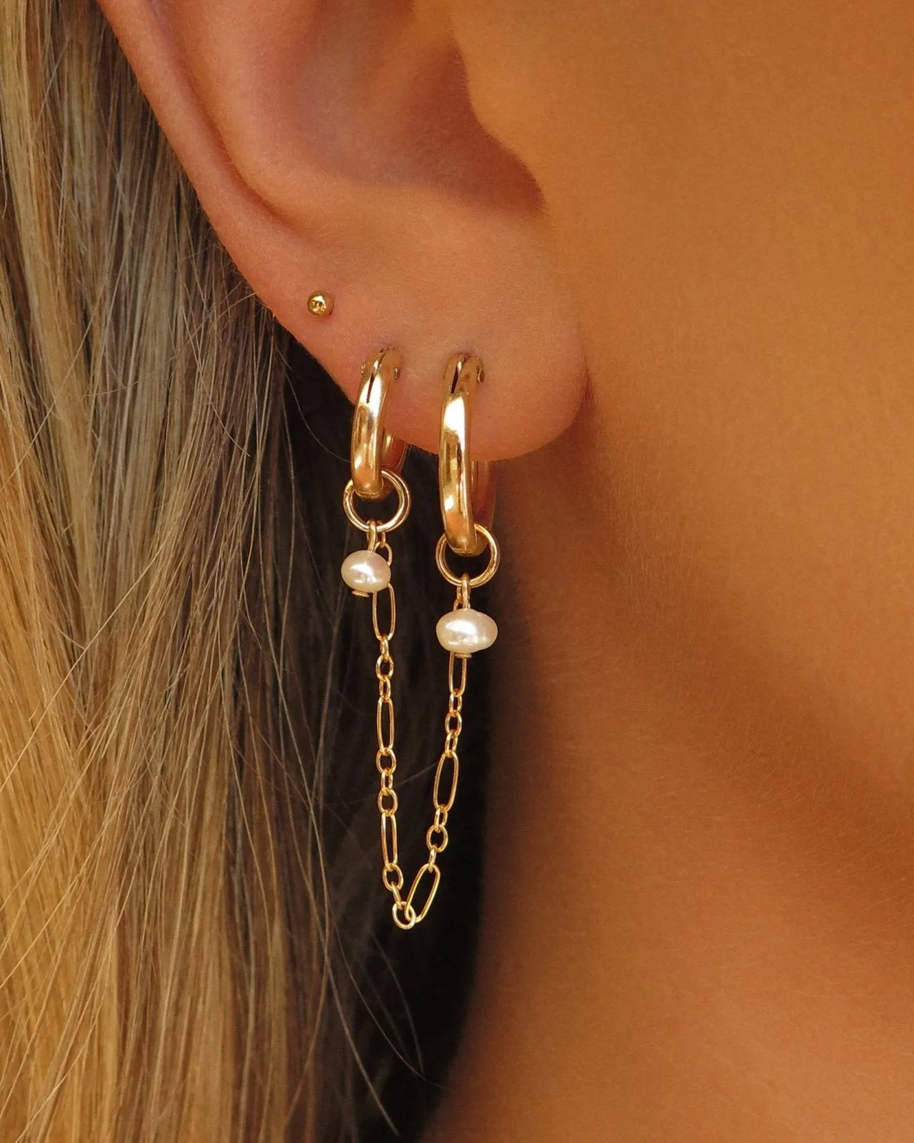 Double Piercing Freshwater Pearl Thick Hoop Earrings  - 14k Yellow Gold Fill
