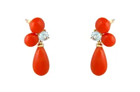 Earrings 18kt Gold Drop Corals & Aquamarines