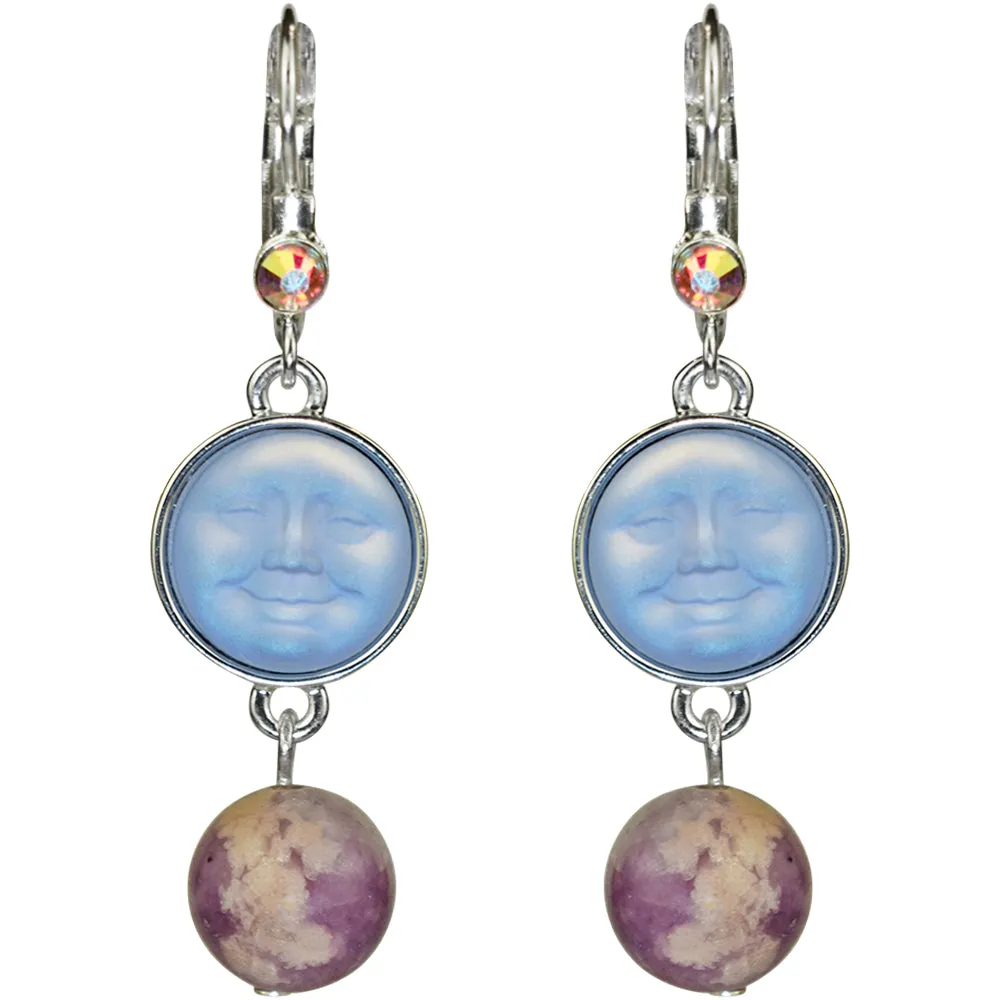Enchanted Glass Seaview Moon & Lepidolite Leverback Earrings (Sterling Silvertone/Tanzanite AB)