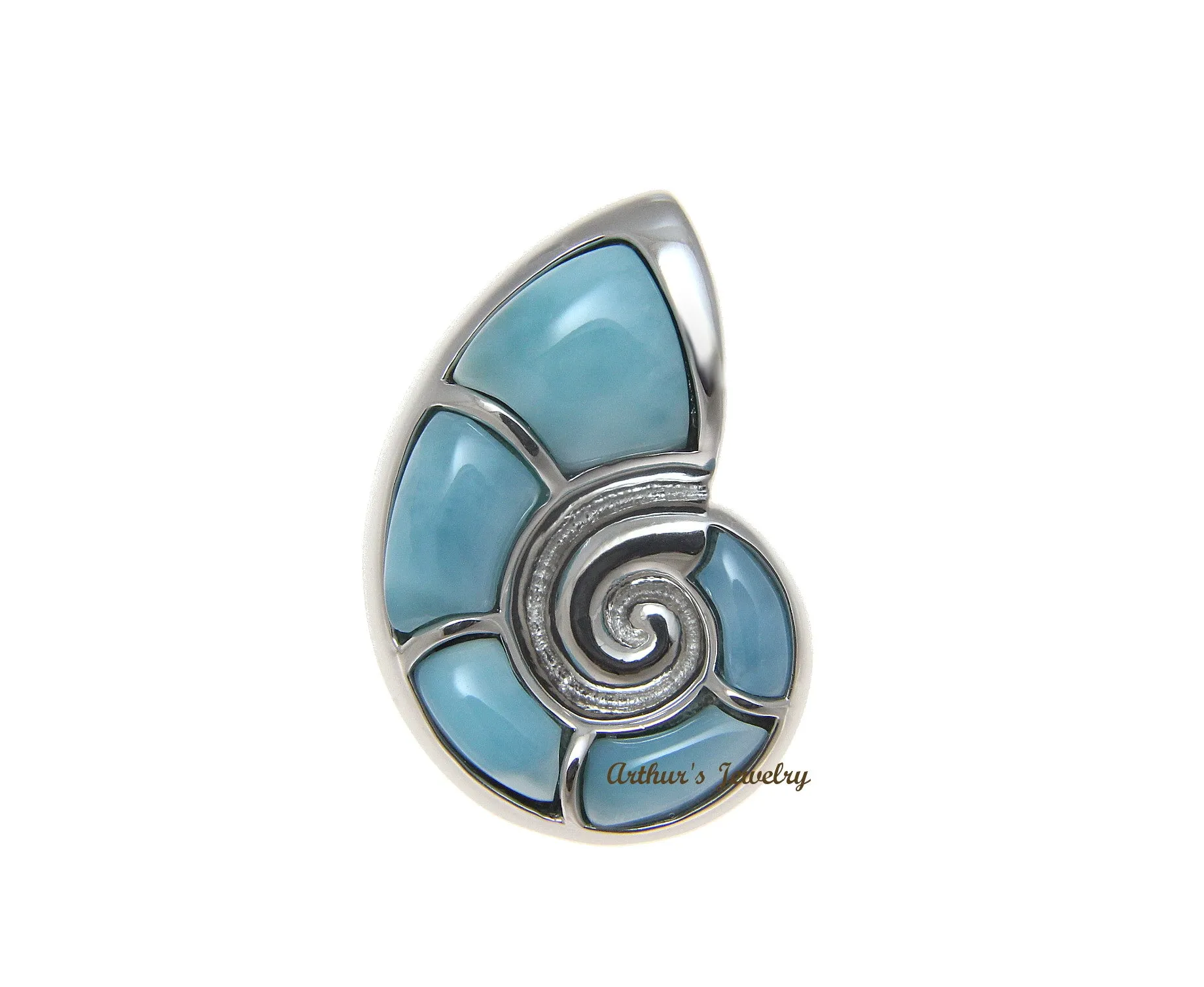 GENUINE NATURAL LARIMAR HAWAIIAN NAUTILUS SHELL SLIDE PENDANT HEAVY 925 SILVER