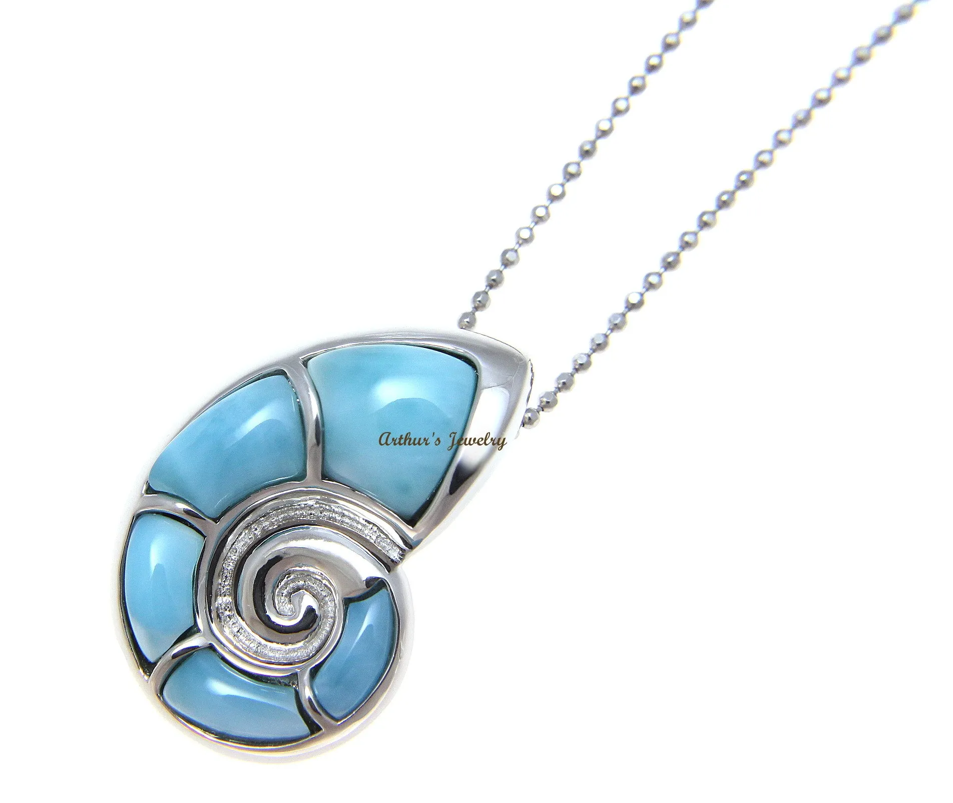 GENUINE NATURAL LARIMAR HAWAIIAN NAUTILUS SHELL SLIDE PENDANT HEAVY 925 SILVER