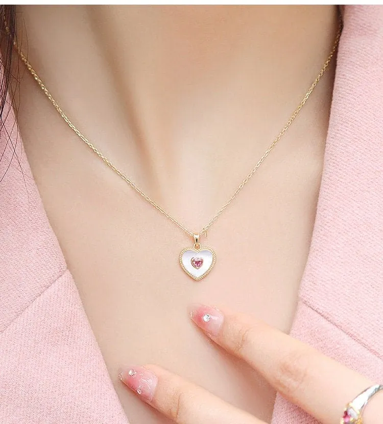 Gold Filled Rhinestone Shell Heart Pendant Necklace