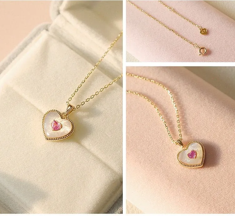 Gold Filled Rhinestone Shell Heart Pendant Necklace