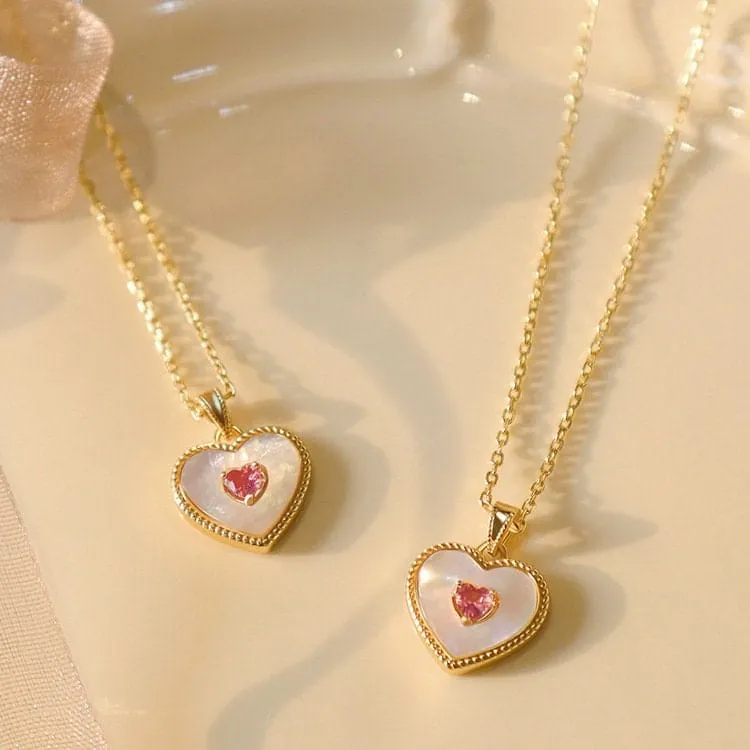Gold Filled Rhinestone Shell Heart Pendant Necklace