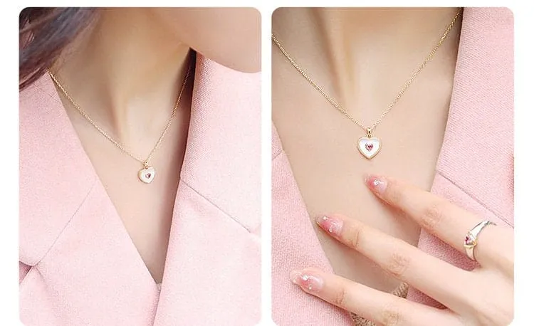 Gold Filled Rhinestone Shell Heart Pendant Necklace