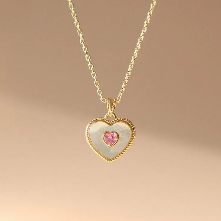 Gold Filled Rhinestone Shell Heart Pendant Necklace