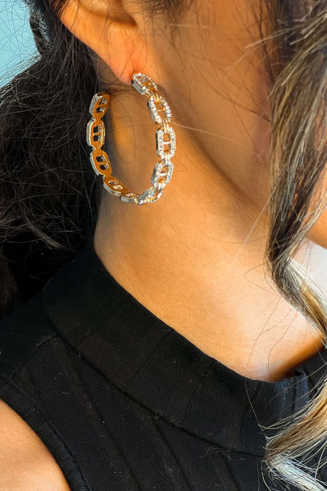 Gold Rhinestone Chain Detail Hoop Earrings