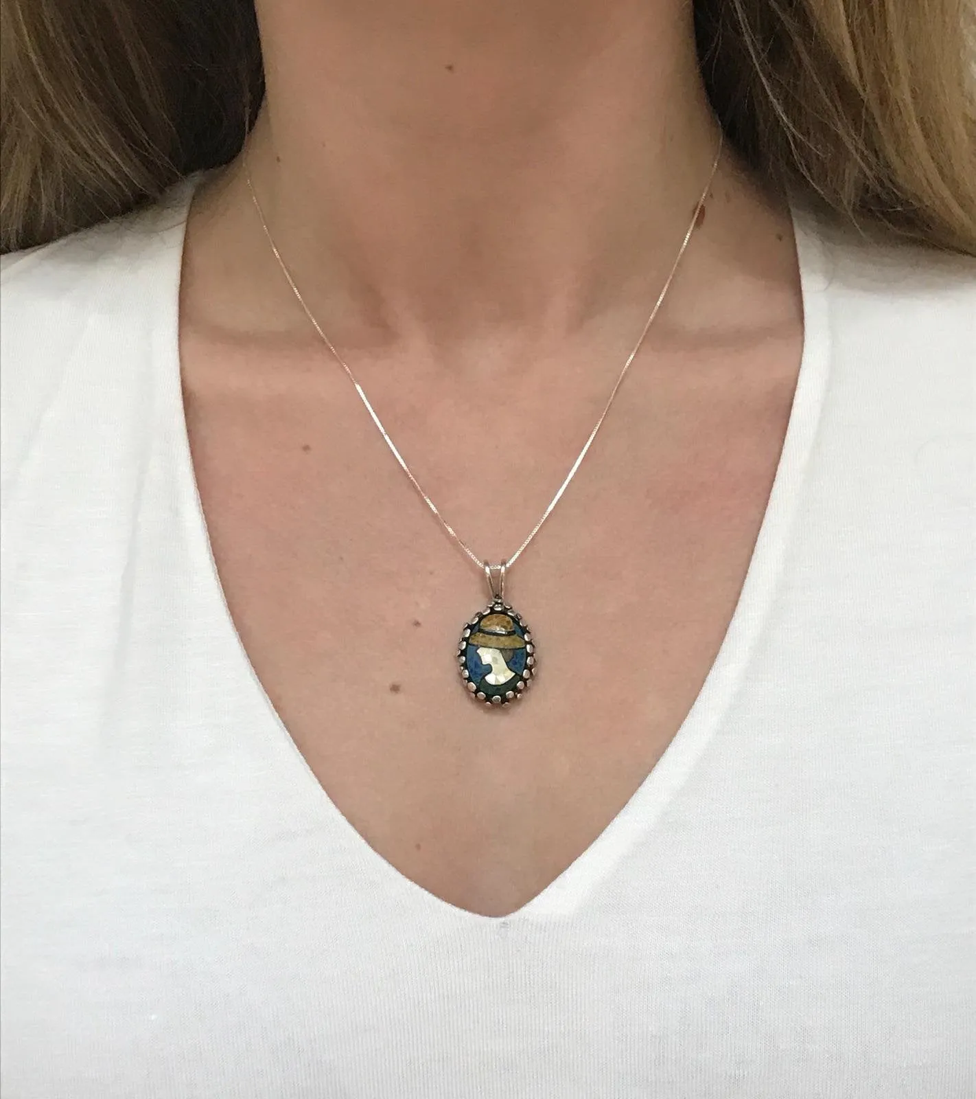 Large Mosaic Necklace - Mother of Pearl Necklace - Vintage Lady Pendant