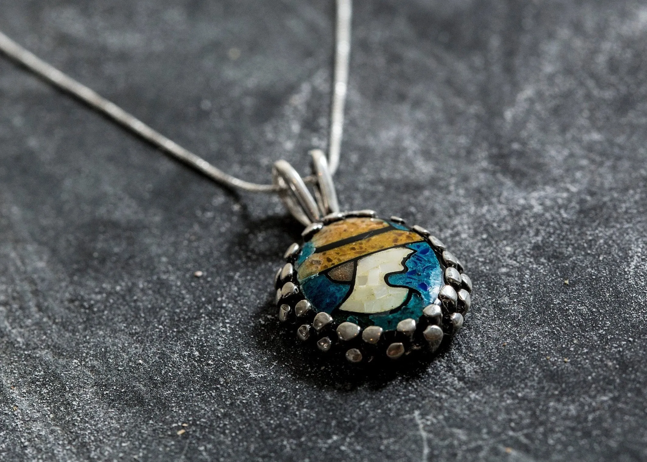 Large Mosaic Necklace - Mother of Pearl Necklace - Vintage Lady Pendant