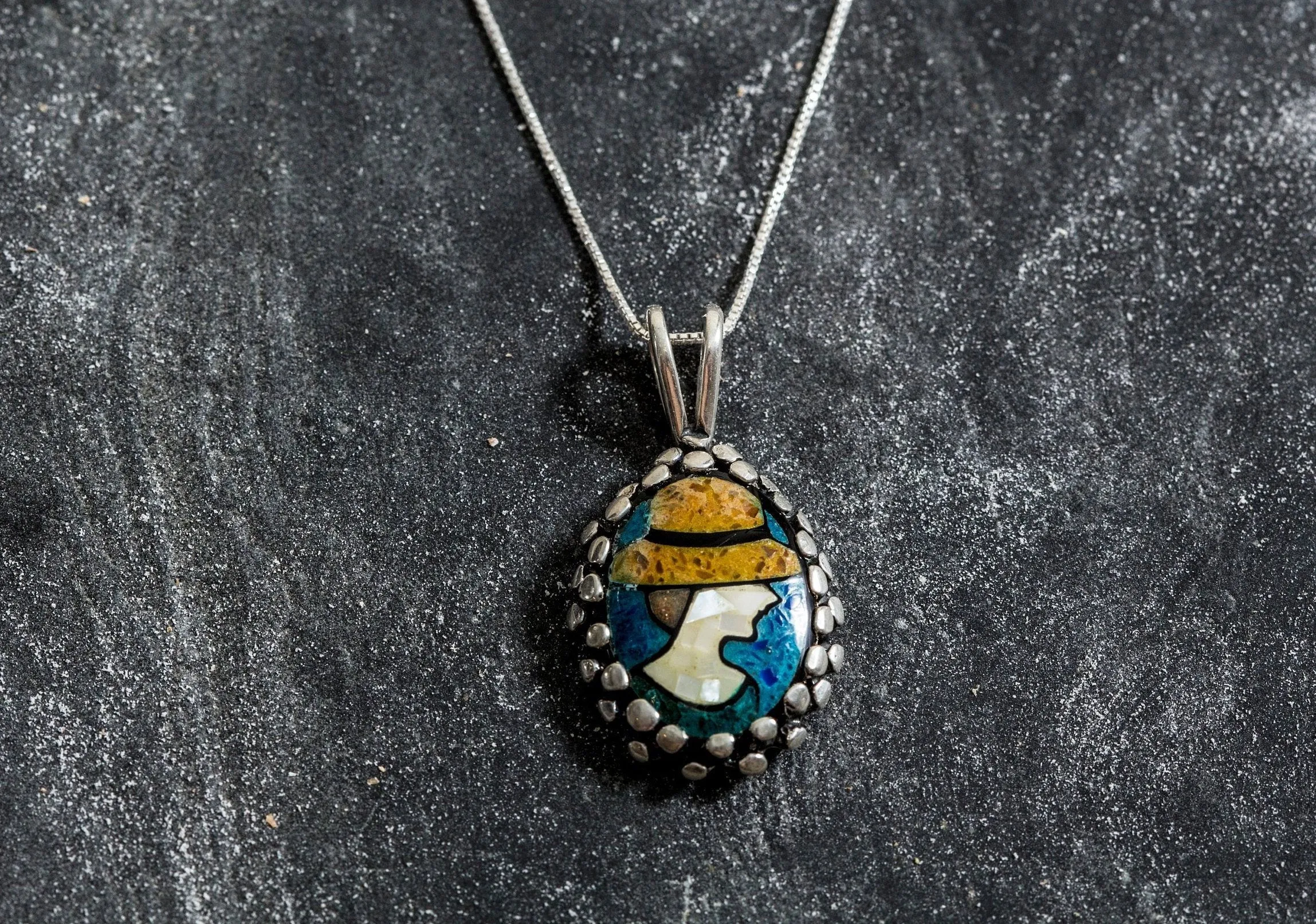 Large Mosaic Necklace - Mother of Pearl Necklace - Vintage Lady Pendant