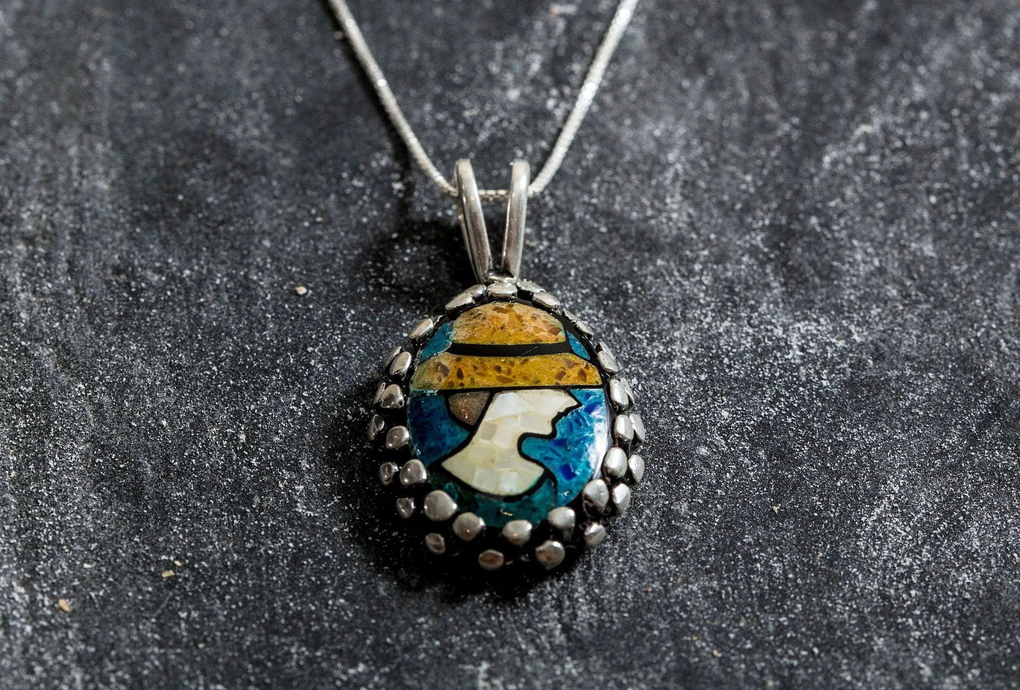 Large Mosaic Necklace - Mother of Pearl Necklace - Vintage Lady Pendant