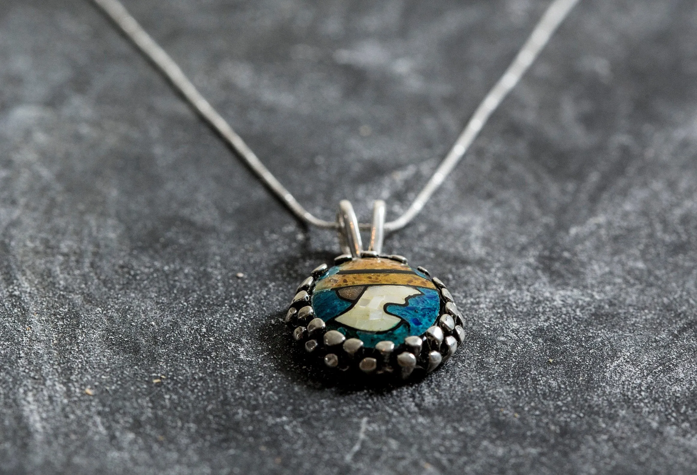 Large Mosaic Necklace - Mother of Pearl Necklace - Vintage Lady Pendant