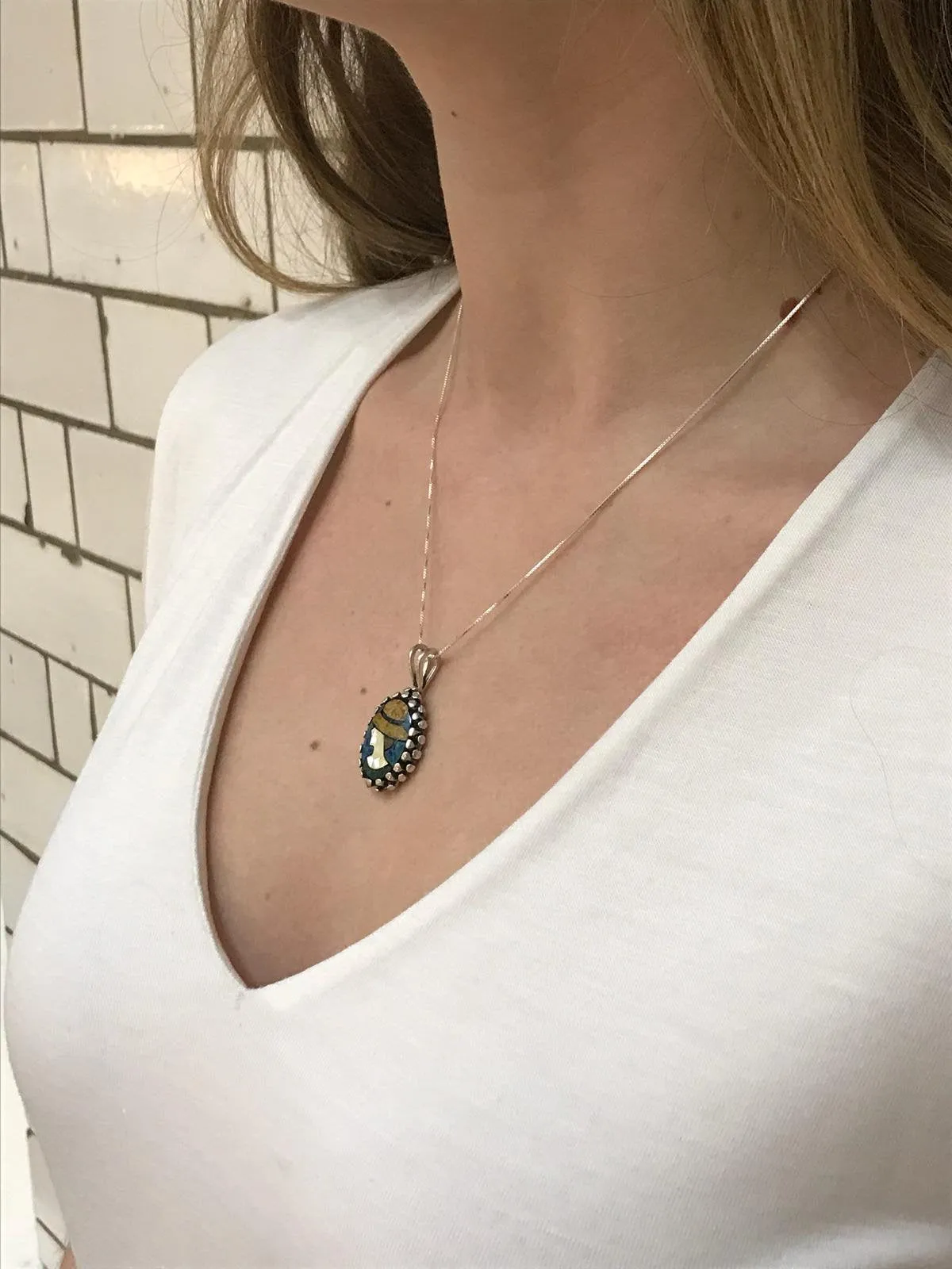 Large Mosaic Necklace - Mother of Pearl Necklace - Vintage Lady Pendant