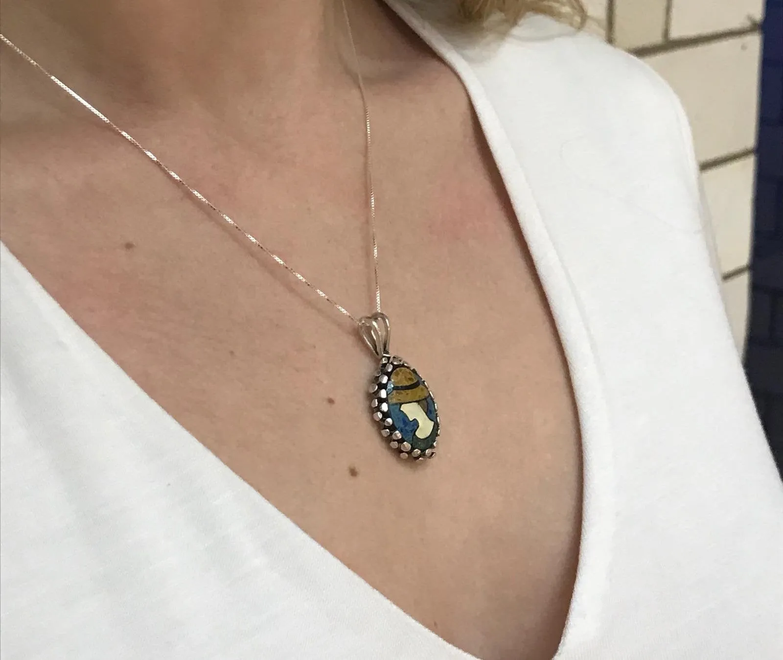 Large Mosaic Necklace - Mother of Pearl Necklace - Vintage Lady Pendant