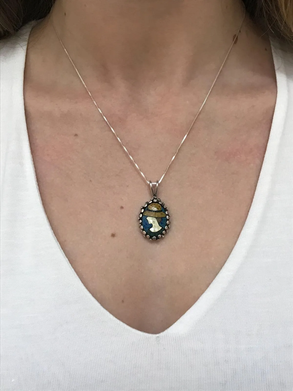 Large Mosaic Necklace - Mother of Pearl Necklace - Vintage Lady Pendant