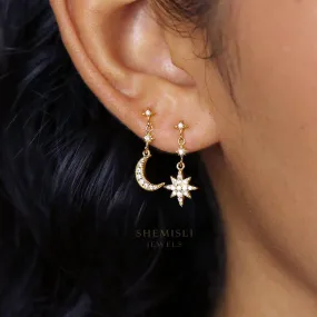 Moon and Star Earrings, Mismatched Celestial Dangle Earrings, Starburst CZ Earrings,  SS172 (star), SS173 (moon), SS174 (star&moon)