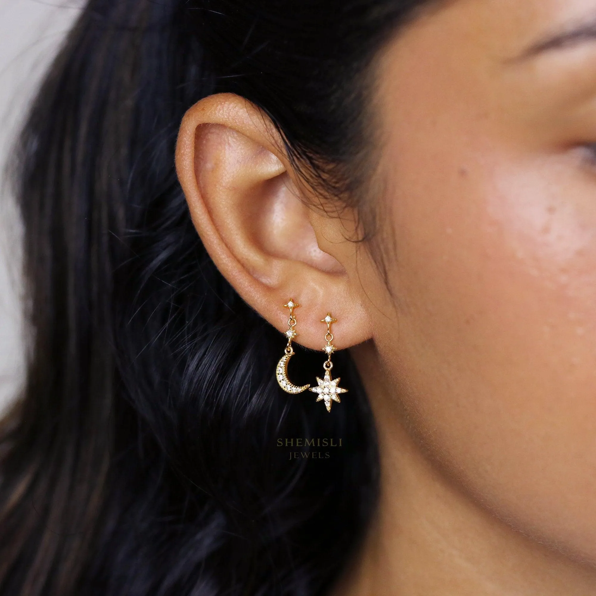 Moon and Star Earrings, Mismatched Celestial Dangle Earrings, Starburst CZ Earrings,  SS172 (star), SS173 (moon), SS174 (star&moon)