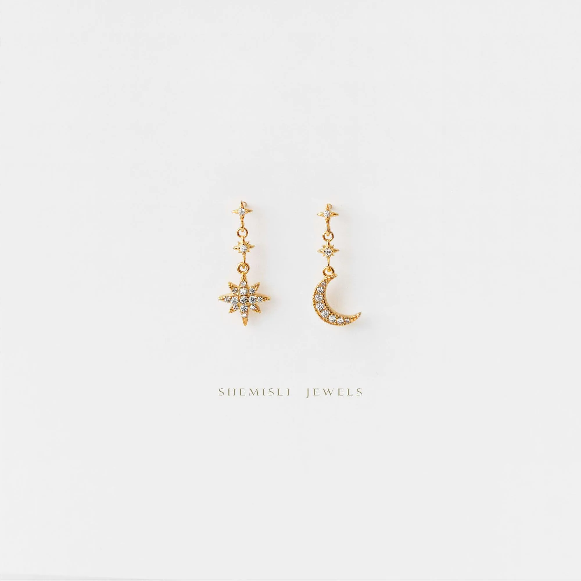 Moon and Star Earrings, Mismatched Celestial Dangle Earrings, Starburst CZ Earrings,  SS172 (star), SS173 (moon), SS174 (star&moon)