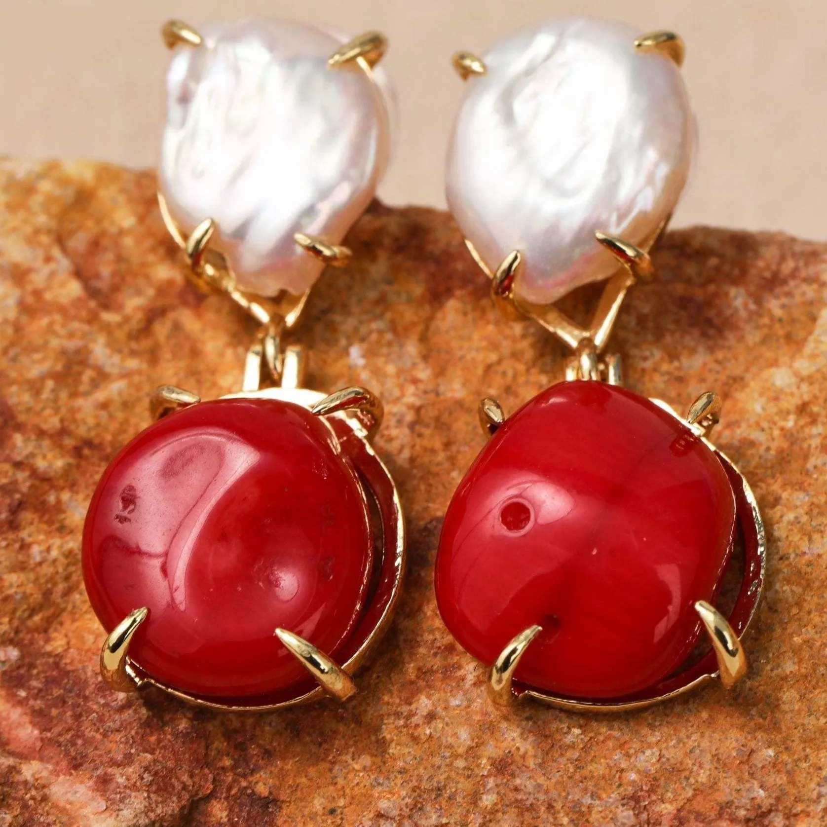 Natural Coral & Pearl Drop Earrings