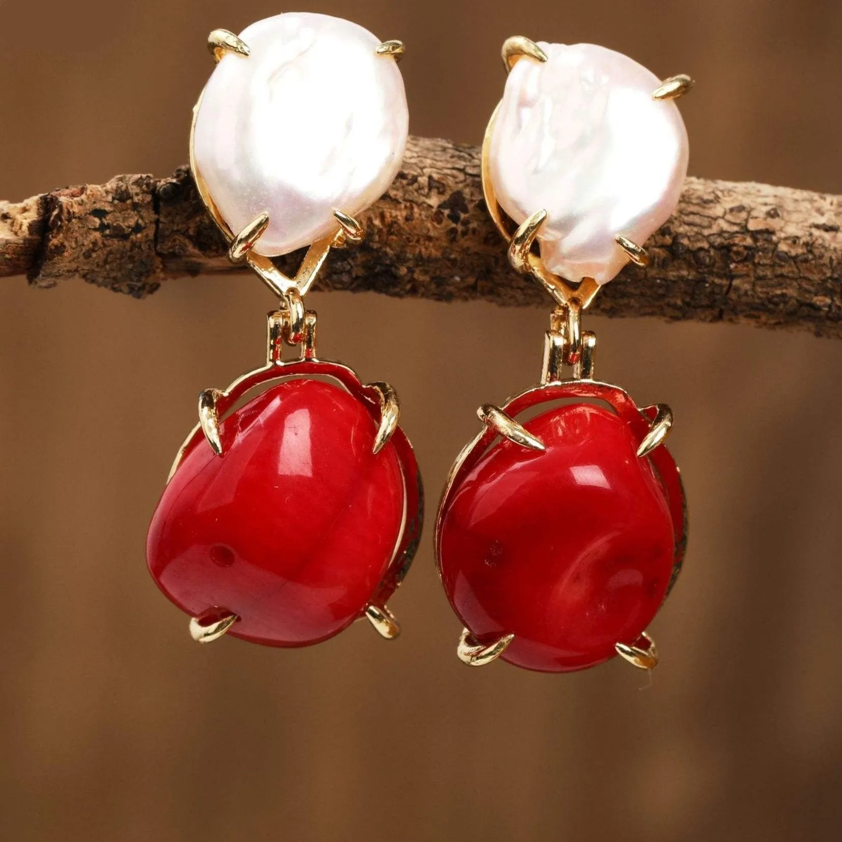 Natural Coral & Pearl Drop Earrings