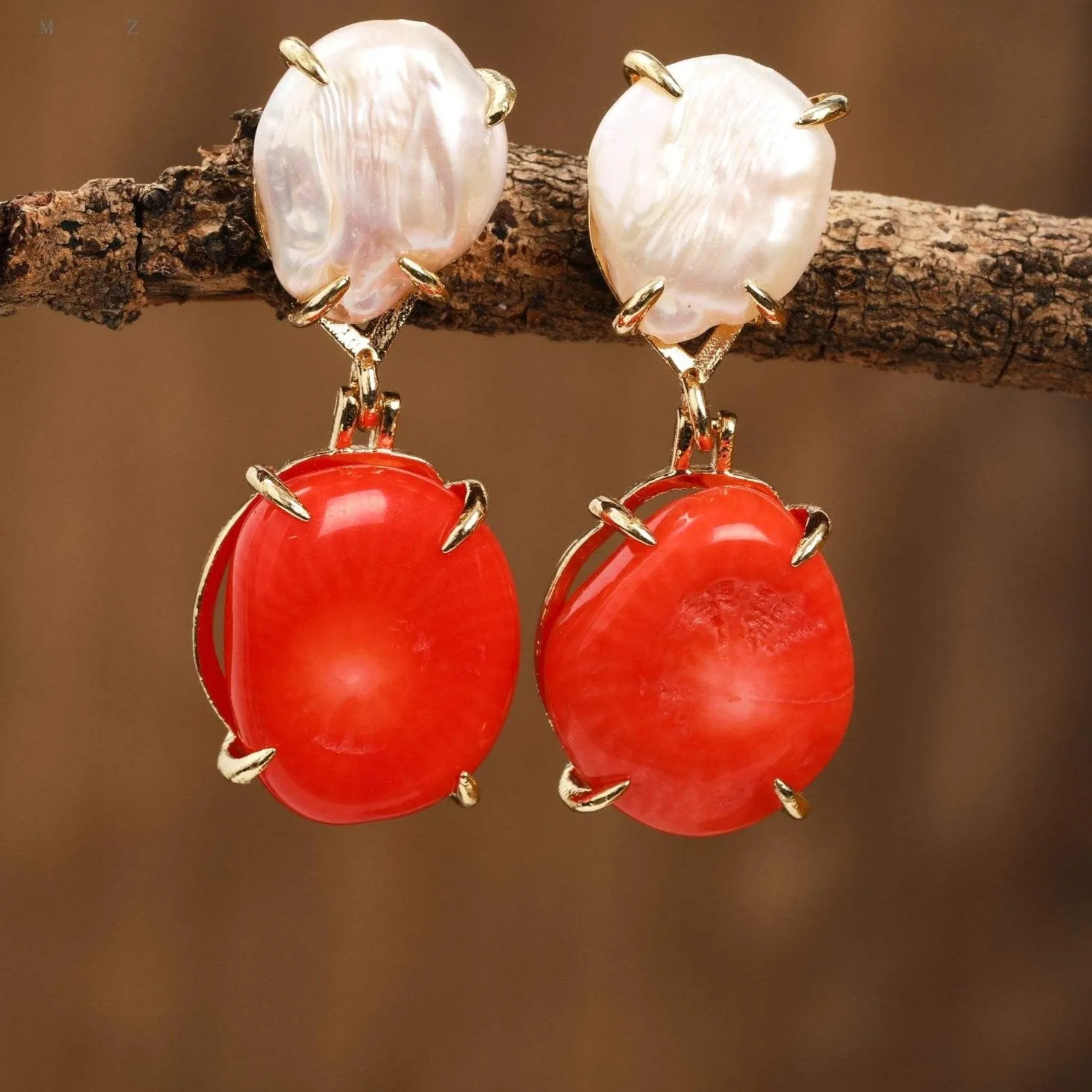 Natural Coral & Pearl Drop Earrings