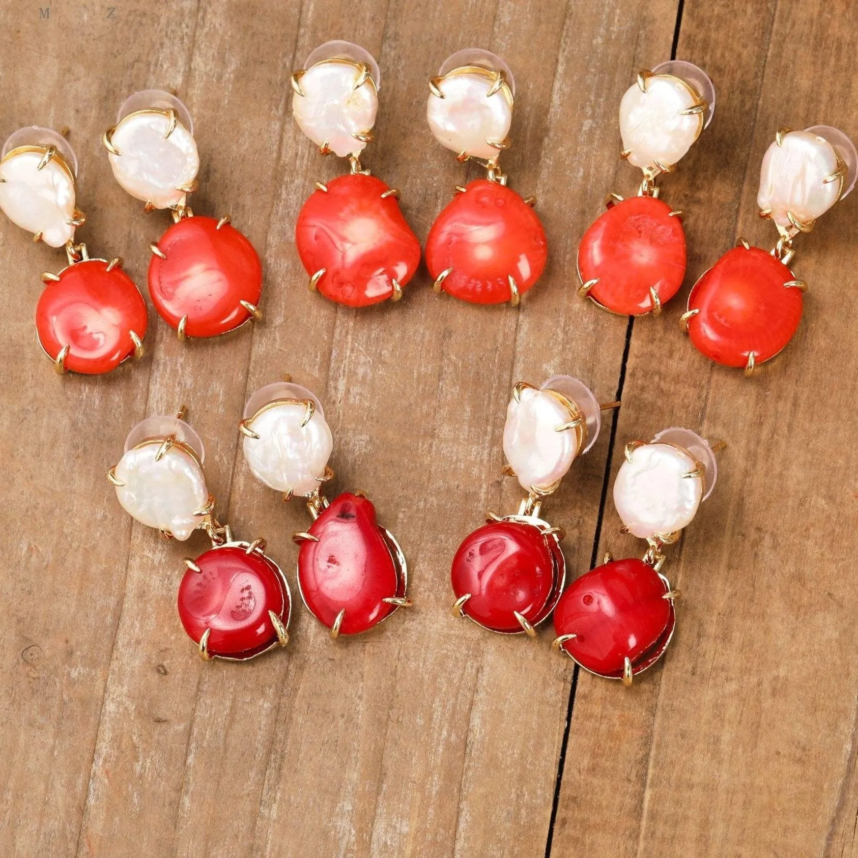 Natural Coral & Pearl Drop Earrings
