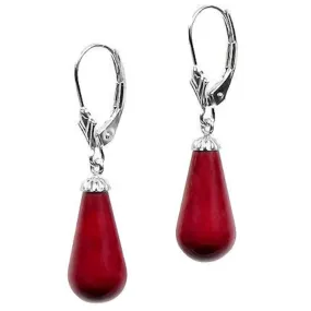 Natural Italian Red Coral Teardrop Leverback Earrings 14K White Gold