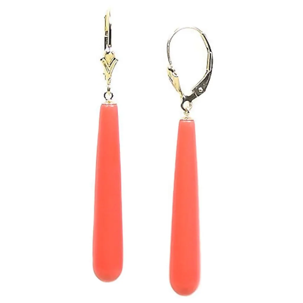Natural Pink Salmon Coral Teardrop Leverback Earrings 14-20 Gold Filled