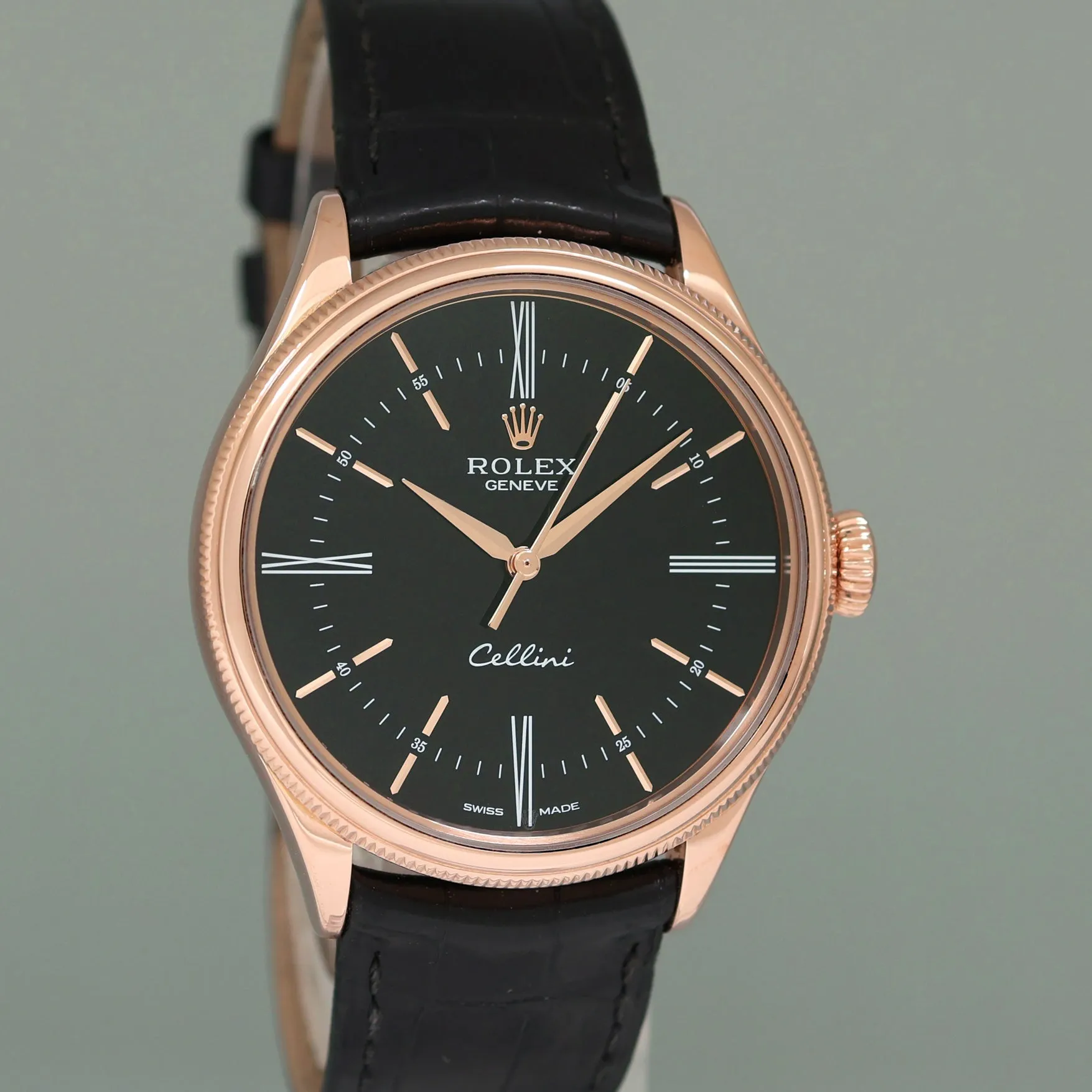 PAPERS Rolex Cellini Black Dial Rose Gold 39mm Leather 50505 Watch Box