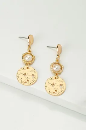 Pearl and Hammered Disk Drop Earrings