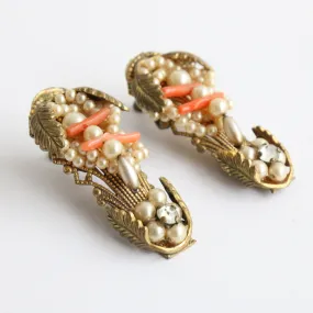 "Coral & Pearls" Vintage 1930's Pearl & Coral Screw Back Earrings & Brooches