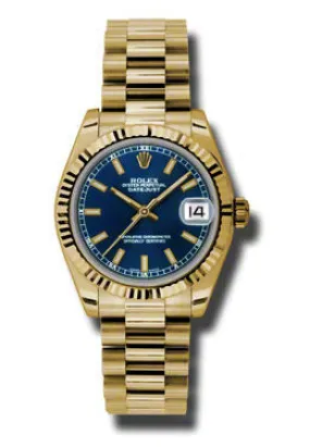 Rolex Lady-Datejust 31 Blue Dial 18K Yellow Gold President Automatic Ladies Watch 178278BLSP