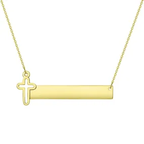 Solid 14k Gold Engravable Personalized Bar with Religious Cross Necklace (Adjustable Chain 16" to 18") - Yellow Gold