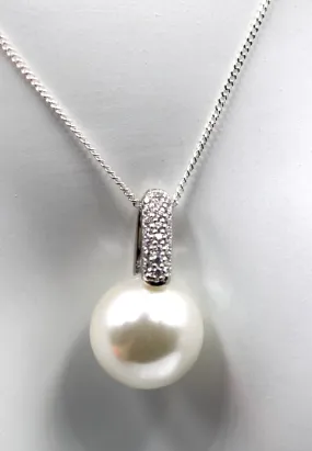 Sterling Silver 925 12mm CZ Freshwater Shell Pearl Pendant   Necklace