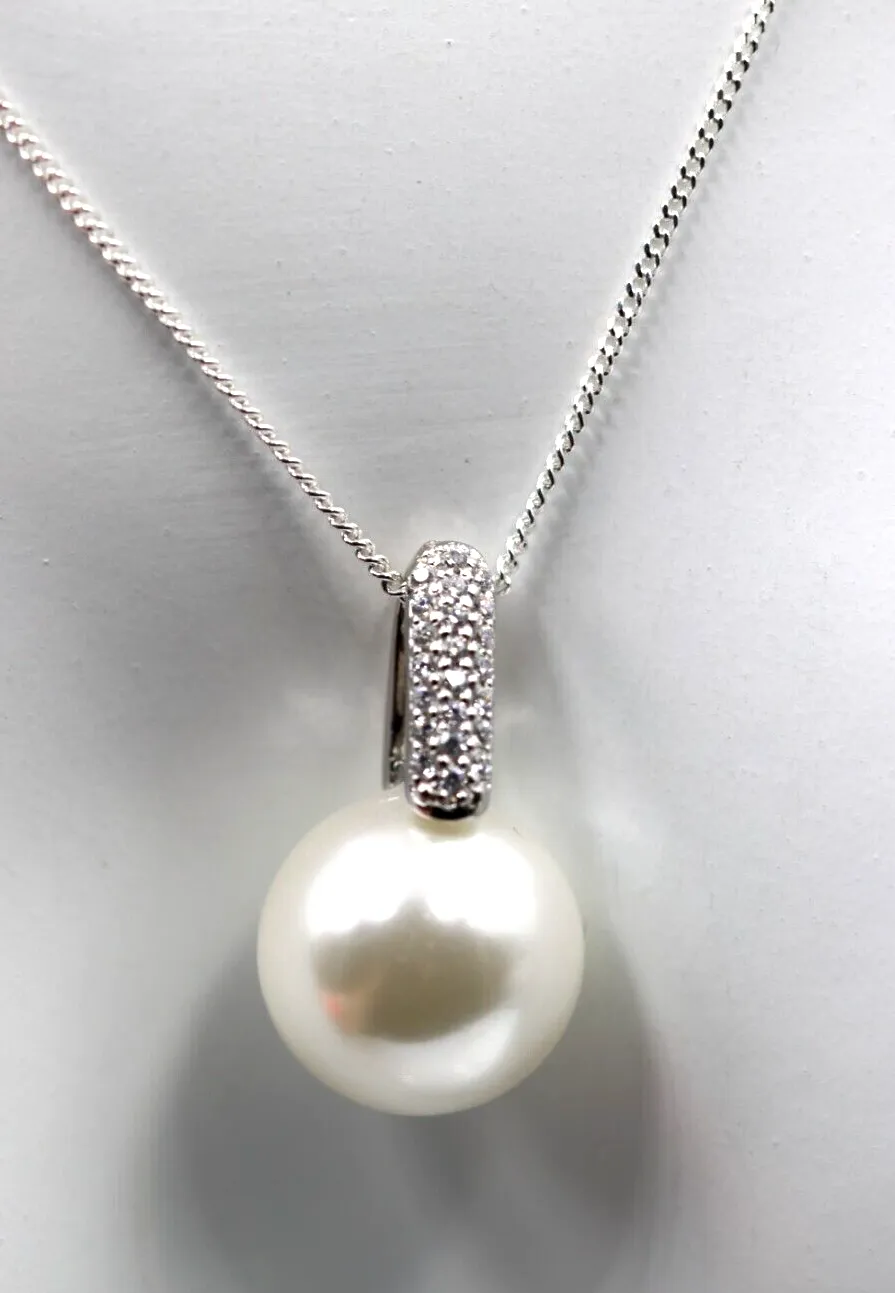 Sterling Silver 925 12mm CZ Freshwater Shell Pearl Pendant   Necklace