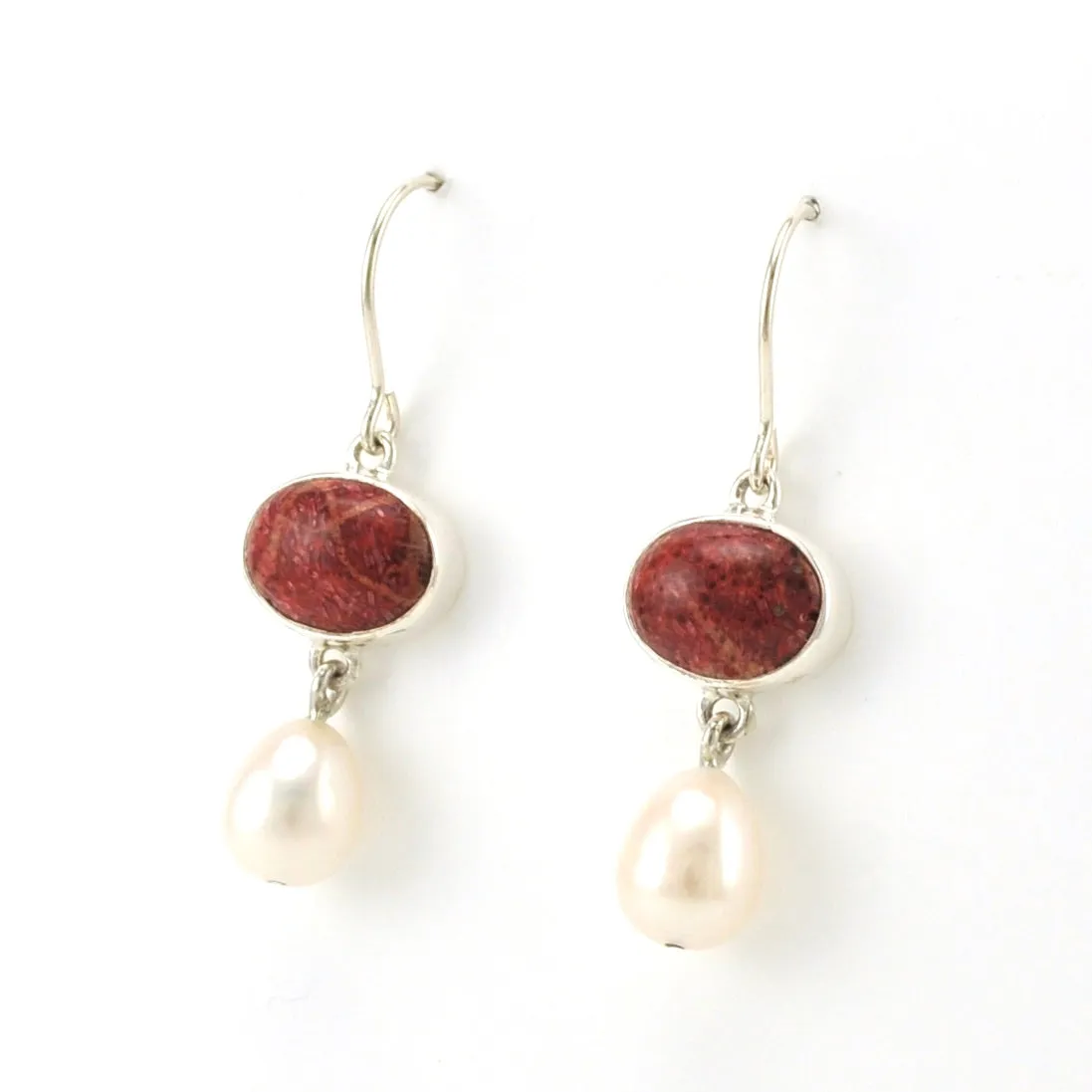 Sterling Silver Red Coral Pearl Earrings