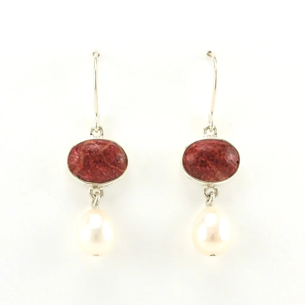 Sterling Silver Red Coral Pearl Earrings