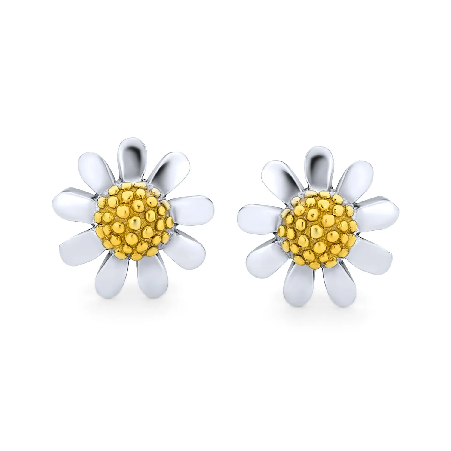 Summer Spring Two Tone Sunflower Daisy Flower Stud Earrings 14K Gold Silver