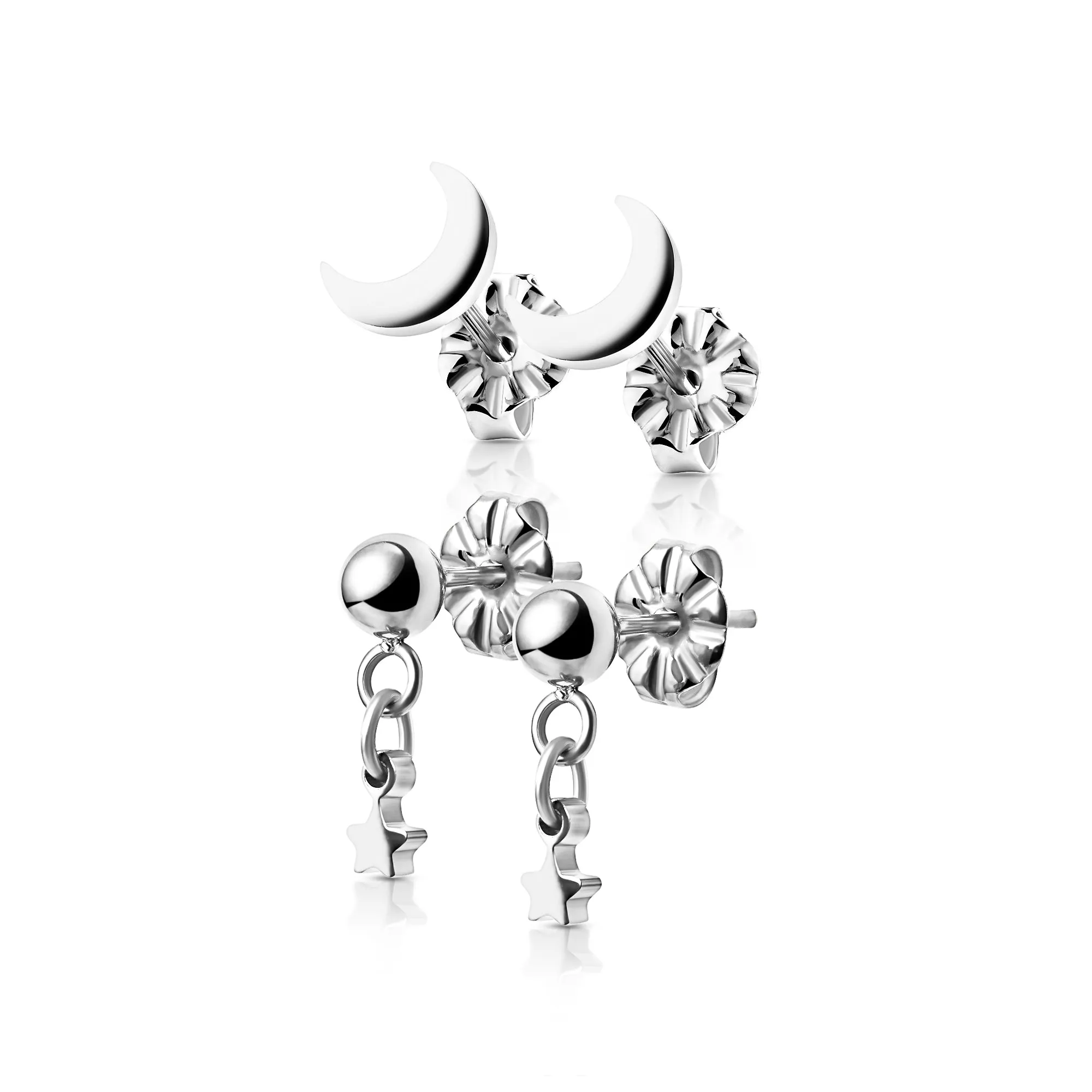 Titanium Moon and Star Stud Pack Earrings